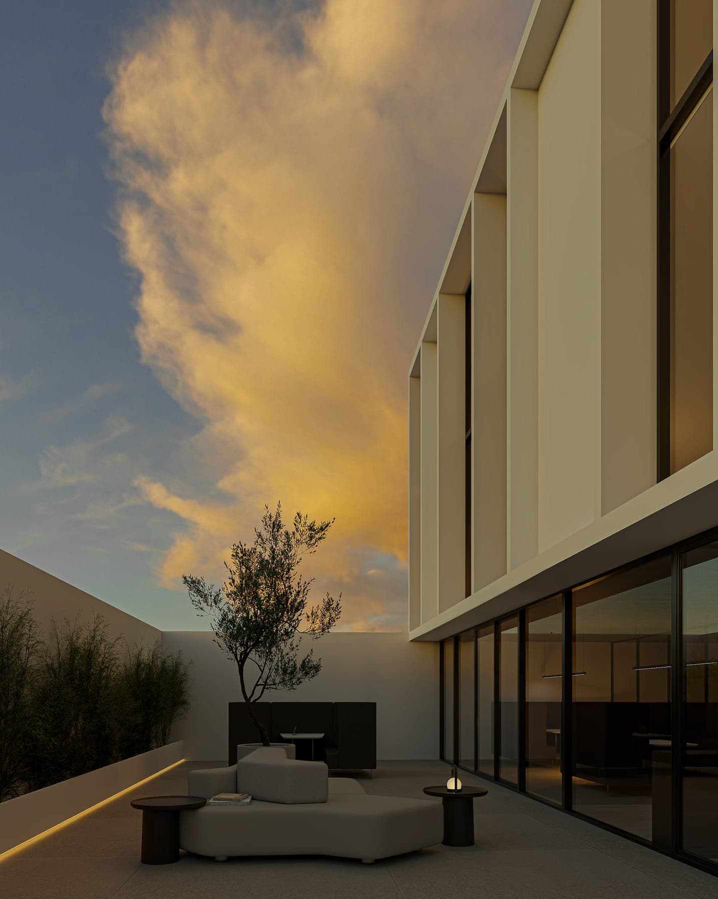 Patio del rooftop con olivo, sillones curvos e iluminación perimetral al anochecer